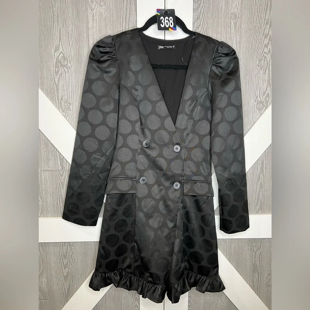 Zara Black Polka Dot Satin Blazer Dress - Picture 1 of 9
